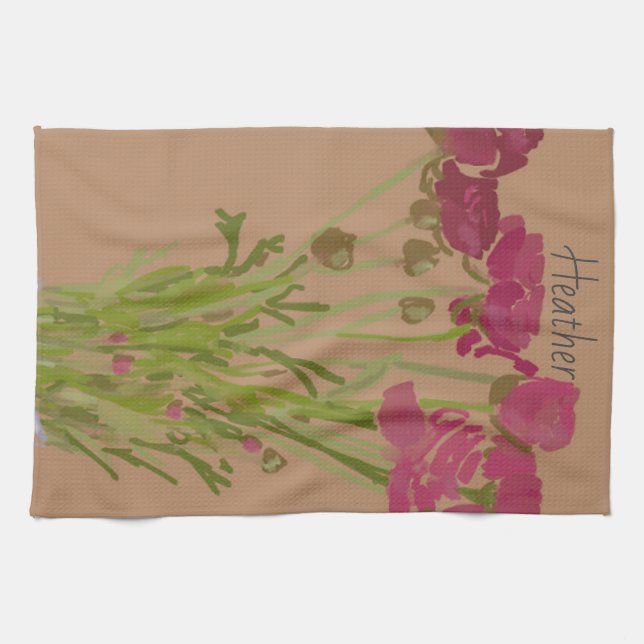 Arty Ranunculus Colourful Flower  +Custom Name Kitchen Towel (Horizontal)