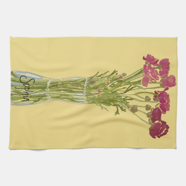 Arty Ranunculus Colourful Flower  +Custom Name Kitchen Towel (Horizontal)