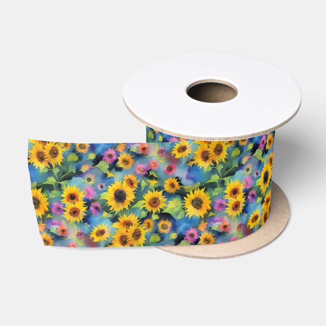 Arty Sunflower Pattern Watercolor Satin Ribbon (Spool)