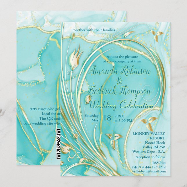 Arty turquoise Or abstraite fleur Invitation (Devant / Derrière)