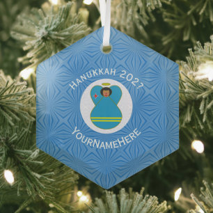 Aruba Angel Hanukkah Flag Personalized Glass Ornament