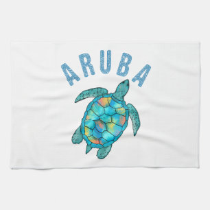 Aruba Beach Sea Turtle Illustration Kitchen Towel