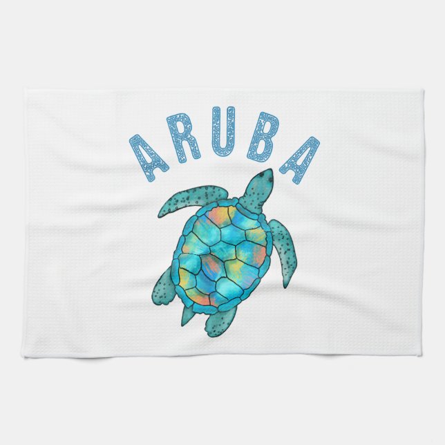 Aruba Beach Sea Turtle Illustration Kitchen Towel (Horizontal)