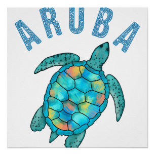 Aruba Beach Sea Turtle Illustration Poster