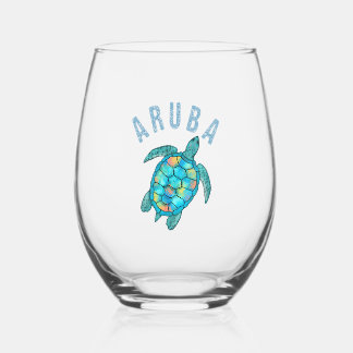 Aruba Beach Sea Turtle Illustration Stemless Wine Glass