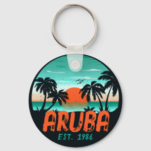 Aruba Caribbean Sea Vintage Retro Sunset Souvenirs Keychain