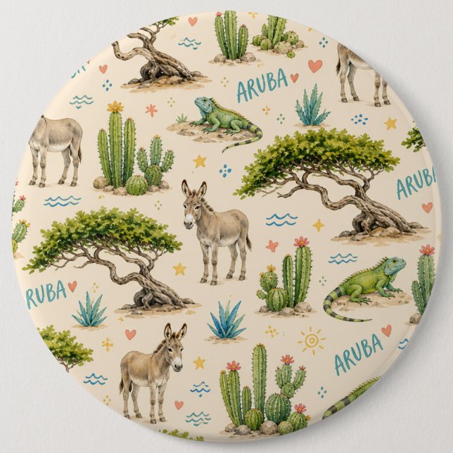 Aruba divi tree, donkey, iguana, cactus 6 inch round button (Front)