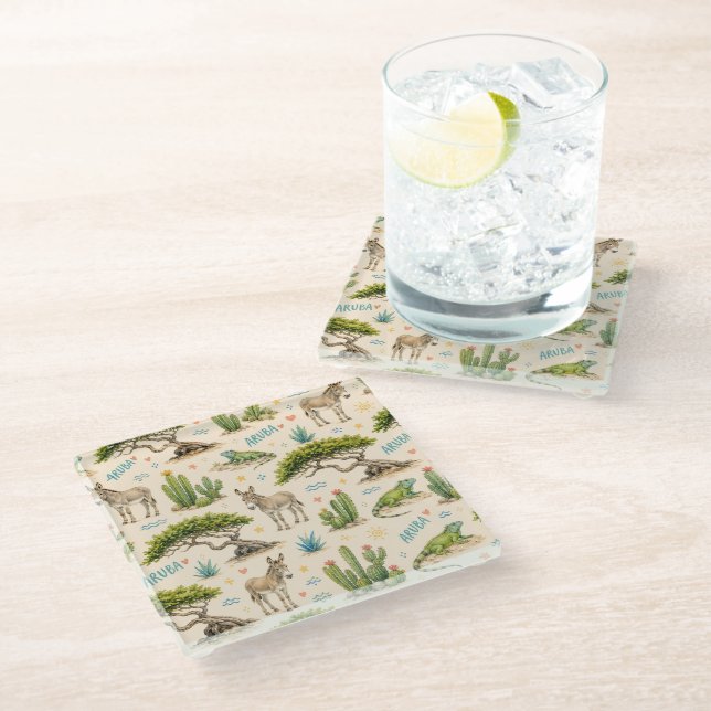 Aruba divi tree, donkey, iguana, cactus glass coaster (Angled)