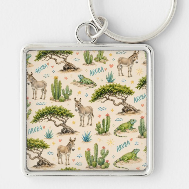 Aruba divi tree, donkey, iguana, cactus keychain (Front)