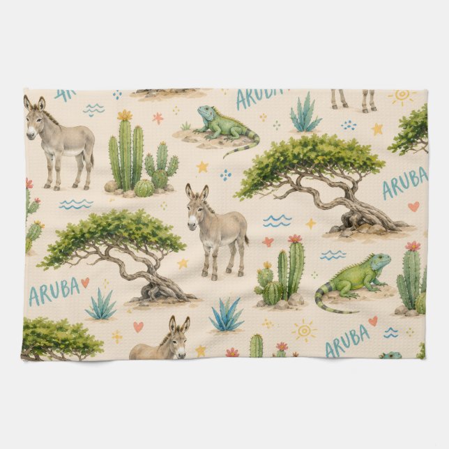 Aruba divi tree, donkey, iguana, cactus kitchen towel (Horizontal)