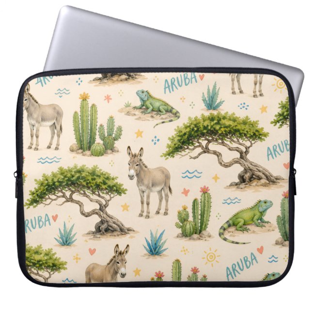 Aruba divi tree, donkey, iguana, cactus laptop sleeve (Front)