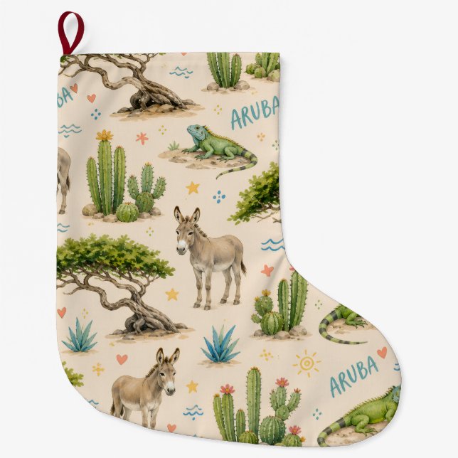 Aruba divi tree, donkey, iguana, cactus large christmas stocking (Front)