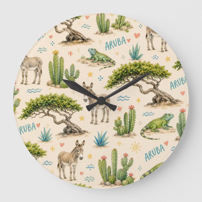 Aruba divi tree, donkey, iguana, cactus large clock (Front)