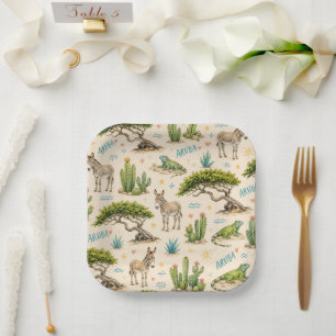 Aruba divi tree, donkey, iguana, cactus paper plate