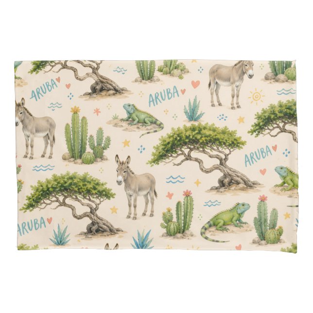Aruba divi tree, donkey, iguana, cactus pillowcase (Front)