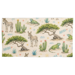 Aruba divi tree, donkey, iguana, cactus pillowcase