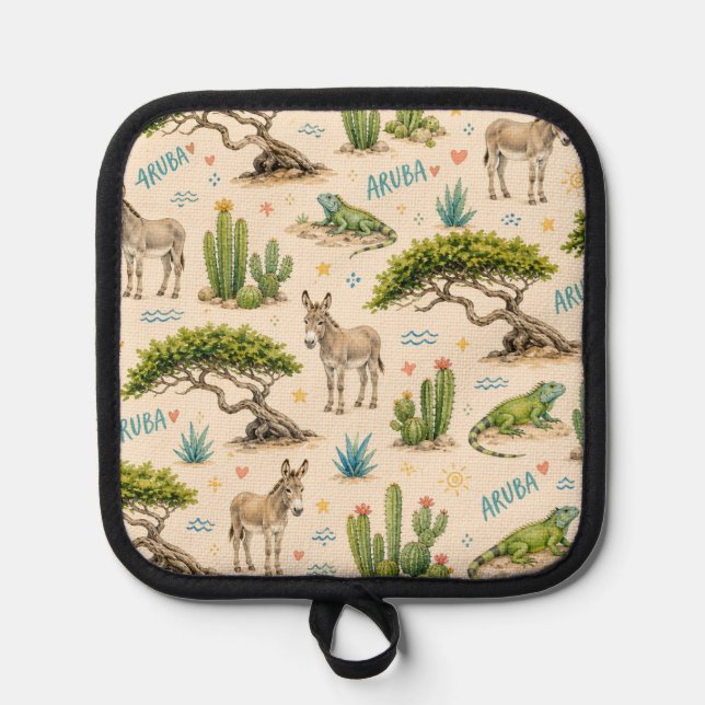 Aruba divi tree, donkey, iguana, cactus pot holder (Front)