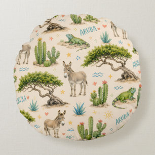 Aruba divi tree, donkey, iguana, cactus round pillow