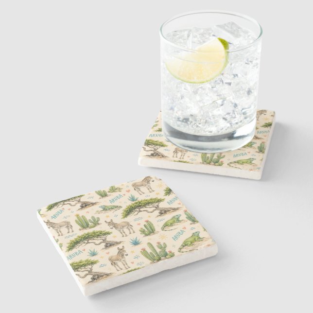 Aruba divi tree, donkey, iguana, cactus stone coaster (Side)