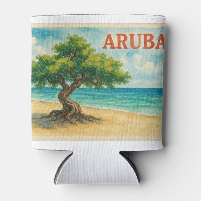 Aruba Divi Tree Eagle Beach watercolor Can Cooler (Front)