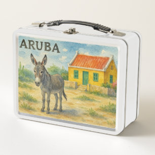 Aruba Donkey with Yellow Cunucu house watercolor Metal Lunch Box