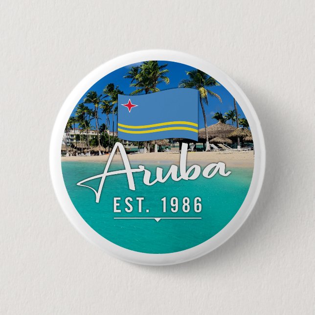 "Aruba Est. 1986" Beach With Flag 2 Inch Round Button (Front)