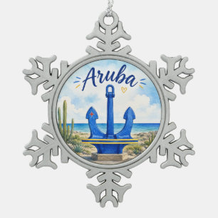 Aruba flag anchor Caribbean island travel souvenir Snowflake Pewter Christmas Ornament