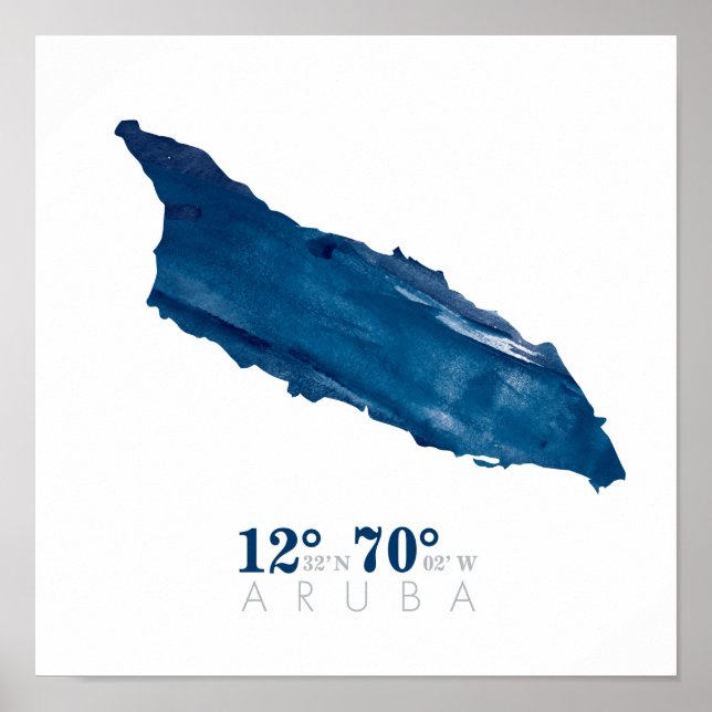 Aruba Map Blue Watercolor Coordinates Poster (Front)