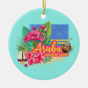 Aruba Retro Caribbean Island with Flamingo Vintage Ceramic Ornament
