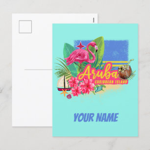 Aruba Retro Caribbean Island with Flamingo Vintage Holiday Postcard