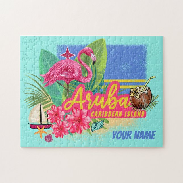 Aruba Retro Caribbean Island with Flamingo Vintage Jigsaw Puzzle (Horizontal)