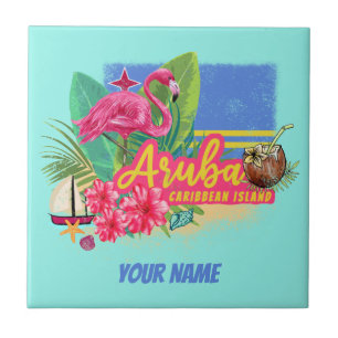 Aruba Retro Caribbean Island with Flamingo Vintage Tile