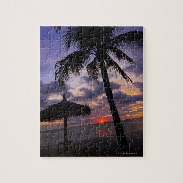 Aruba, silhouette of palm tree and palapa on jigsaw puzzle (Vertical)