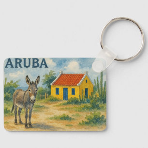 Aruba Yellow Cunucu house with donkey watercolor Keychain