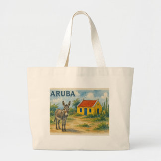 Aruba Yellow Cunucu house with donkey watercolor Large Tote Bag