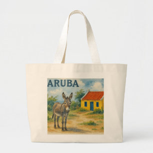 Aruba Yellow Cunucu house with donkey watercolor Large Tote Bag