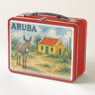 Aruba Yellow Cunucu house with donkey watercolor Metal Lunch Box