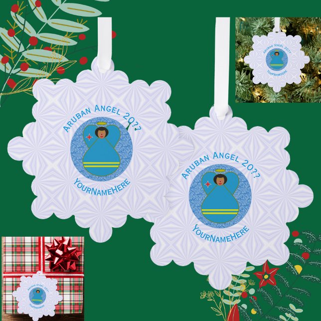 Aruban Flag Angel Personalized Blue Text  Ornament Card (Creator Uploaded)