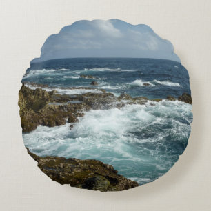 Aruba's Rocky Coast and Blue Ocean Round Pillow