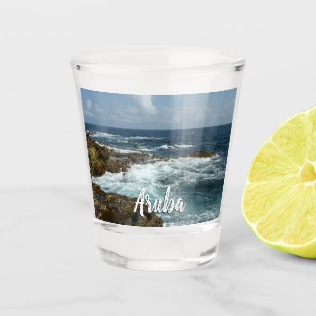 Aruba's Rocky Coast and Blue Ocean Shot Glass (Front)