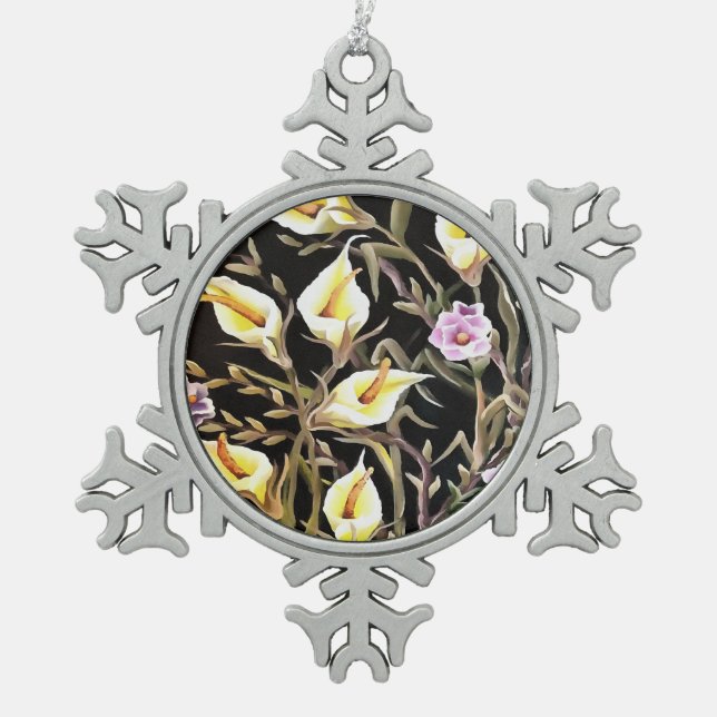 Arum Lily Artistic Floral Design On Black  Snowflake Pewter Christmas Ornament (Front)