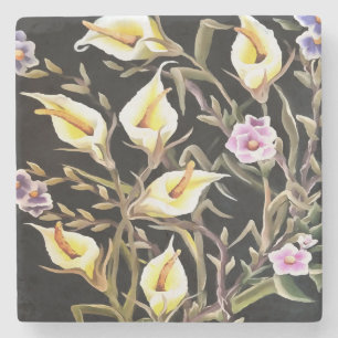 Arum Lily Artistic Floral Design On Black  Stone Coaster