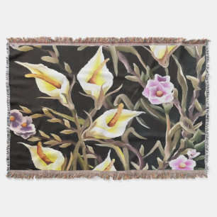 Arum Lily Artistic Floral Design On Black Throw Blanket