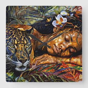 "Arumáya" Jaguar’s Bloom - Women In Amazonia Square Wall Clock