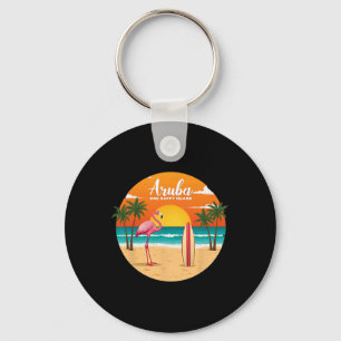 Aru's One Happy Island Flamingo Surfing Tropical B Keychain