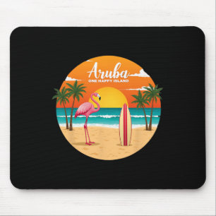 Aru's One Happy Island Flamingo Surfing Tropical B Mouse Pad
