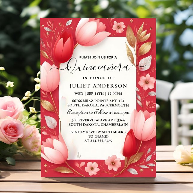 As Hot Pink Crown Tiara Black Lace Red Quinceanera Invitation (Creator Uploaded)