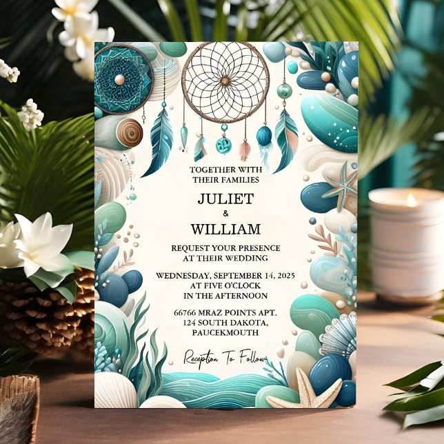As Tribal Aqua Sand Work Stacked Sea Glass Wedding Invitation (Creator Uploaded)
