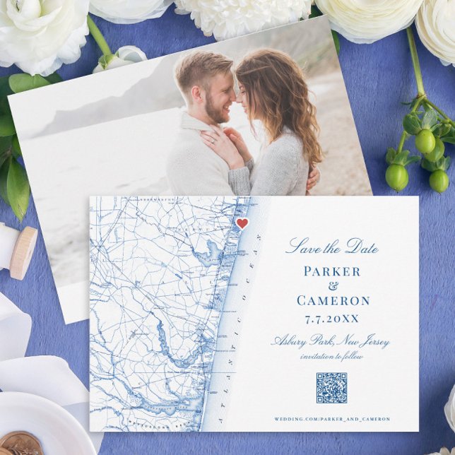 Asbury Park New Jersey Map Elegant Navy QR Save The Date (This Asbury Park New Jersey map save the date includes a QR code for your wedding website)