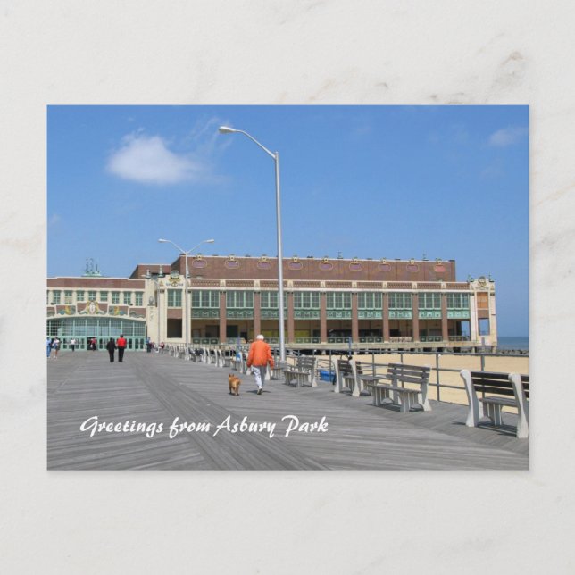 Asbury Park NJ Boardwalk - Man walking dog Postcard (Front)